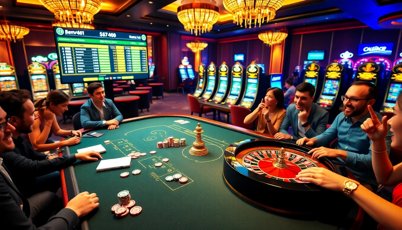 Players enjoying a thrilling game at a luxurious casino with https://bem88i.com/ vibrant elements like poker chips and roulette wheels.
