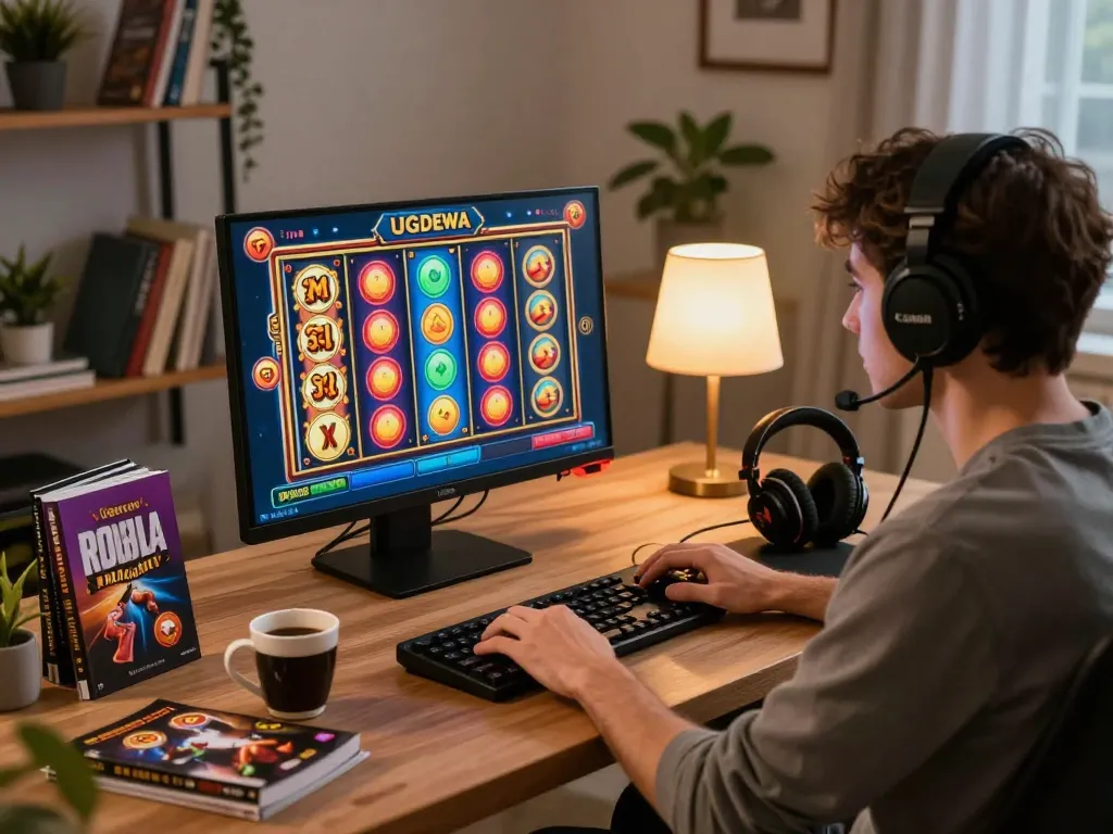 Player enjoying UGDEWA slot games on a computer, surrounded by strategy notes and cozy home setting.