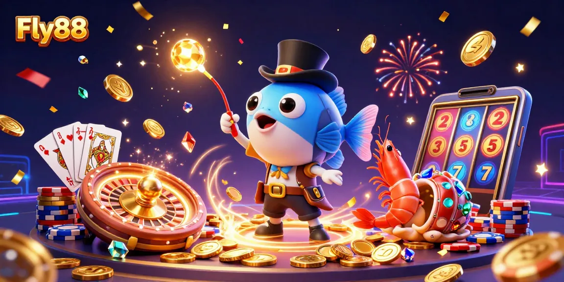 Experience the excitement of Fly88 with animated casino characters attracting golden coins and gems.