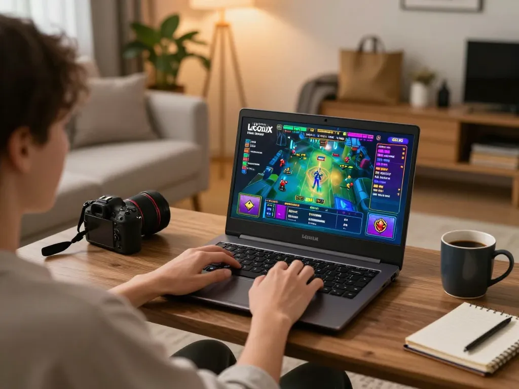Engaging online gaming session on LGOLUX showcasing lively casino interface and cozy home environment.