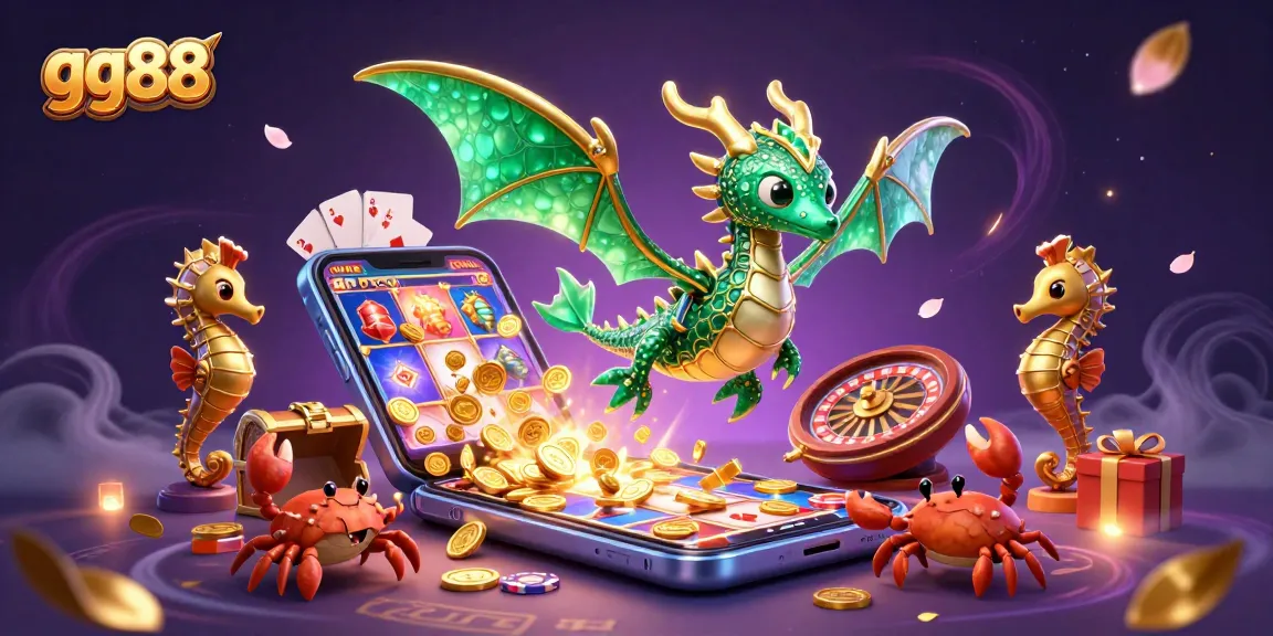 Experience thrilling gaming with gg88, featuring a sea dragon, treasure chest, and vibrant slot games.