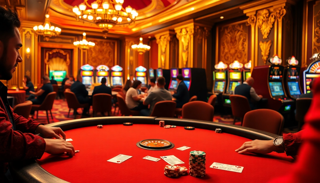 Intense poker game at RR88 Auction showcasing vibrant poker chips and luxurious casino decor.