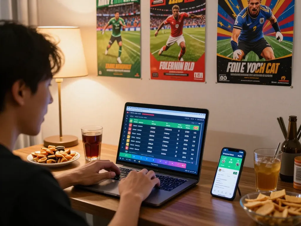 Engaged bettor analyzing keo nha cai odds on laptop during exciting sports event