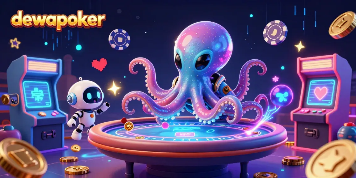 Dewapoker alien octopus competes with colorful poker elements in this exciting gaming scene.
