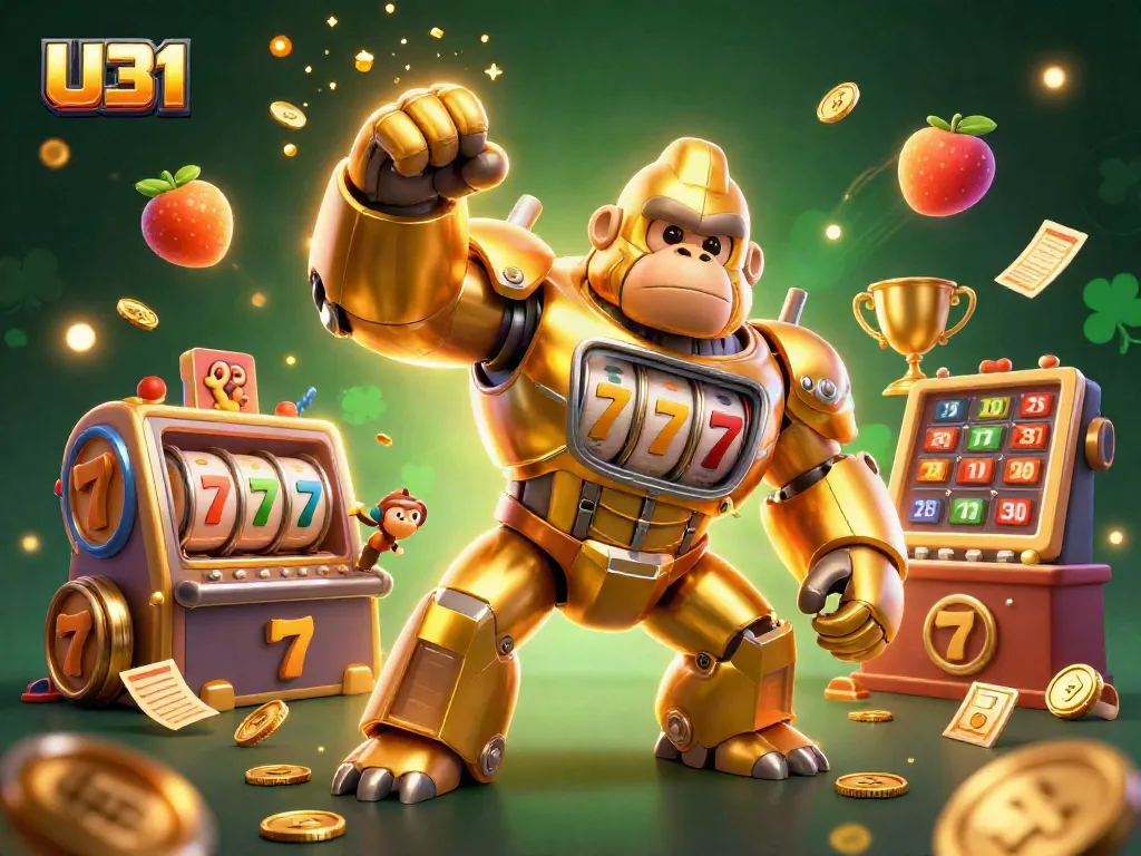 Engage in thrilling U31 action with a dynamic 3D casino illustration showcasing a golden gorilla mech and vibrant slot reels.