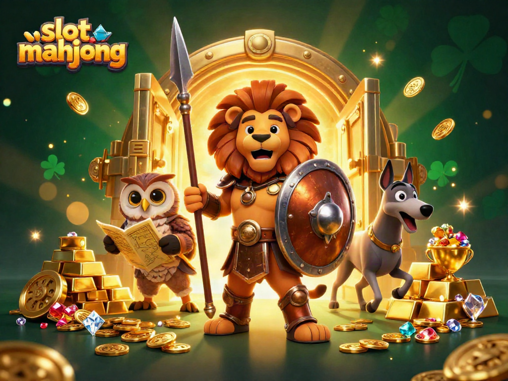 Experience thrilling slot mahjong action with an exciting treasure scene filled with golden riches.