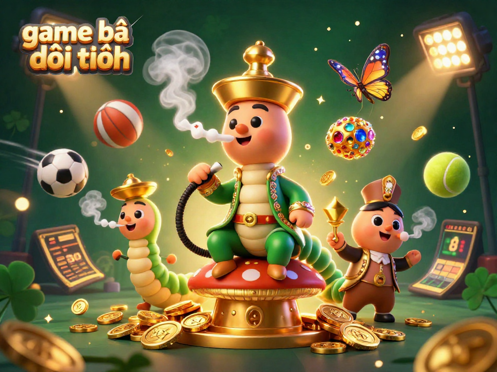 Engage in game bài đổi thưởng with a vibrant scene featuring a whimsical hookah-master and dynamic sports elements.