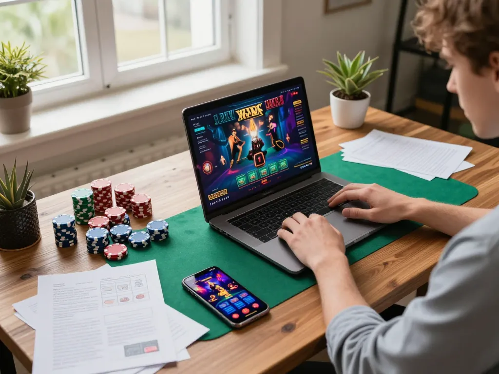 Engaged player spinning reels on situs slot within a stylish home gaming environment.