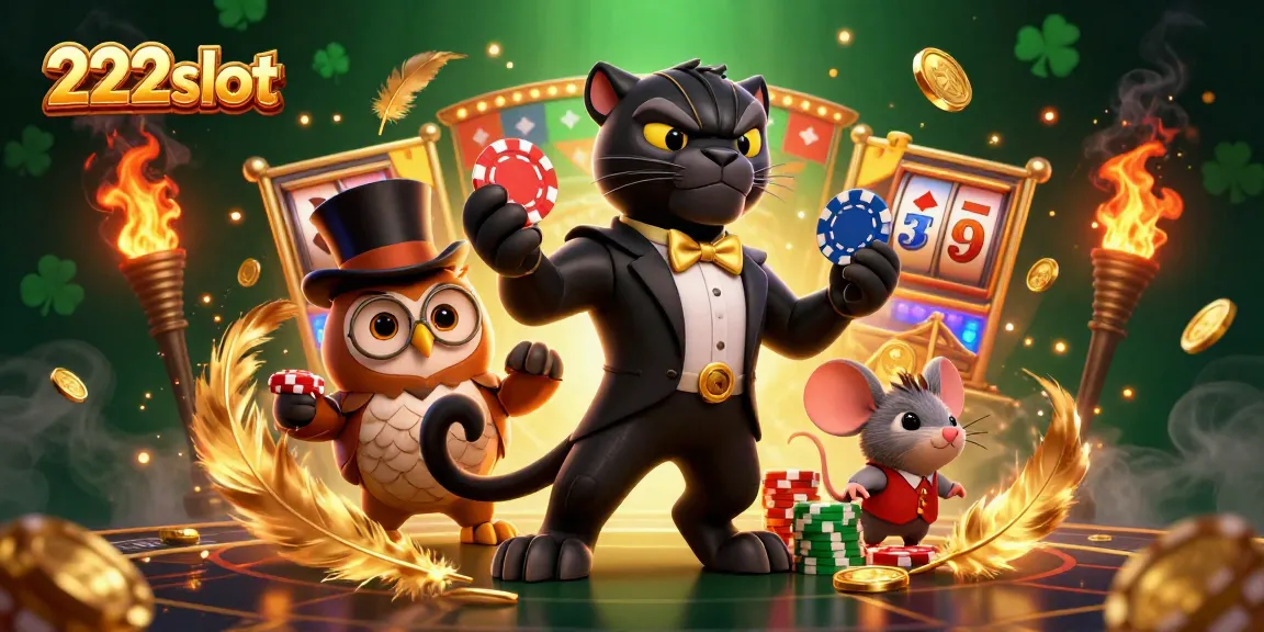 Gambar 222slot menunjukkan panther bergaya yang sedang mengocok gulungan slot dalam nuansa kasino yang meriah.