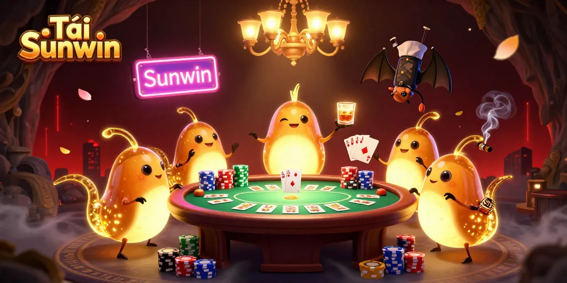 Tải Sunwin in this vibrant, detailed illustration of a cave casino lit by glowing worms and a bat dealer.