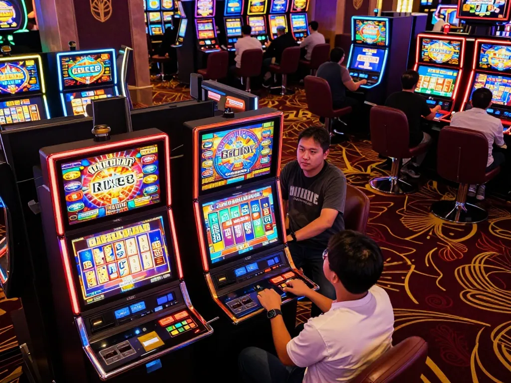 A slot gacor area filled with excited players engaging at vibrant slot machines, creating a lively gaming atmosphere.