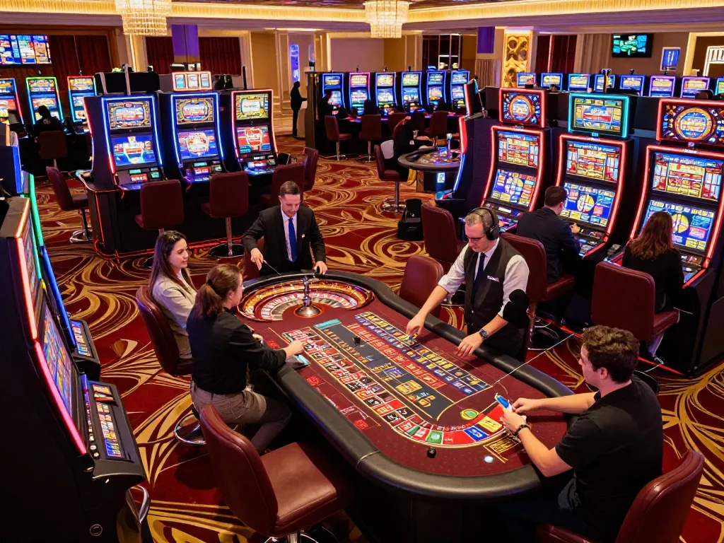 Players enjoying fun88 games at a lively casino floor with vibrant slots and roulette.
