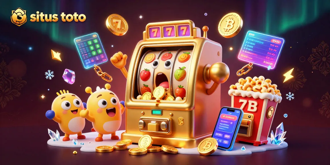Situs toto menghadirkan mesin slot emas yang meriah dengan jackpot, dikelilingi koin Bitcoin dan Ethereum dalam ilustrasi kasino yang dinamis.
