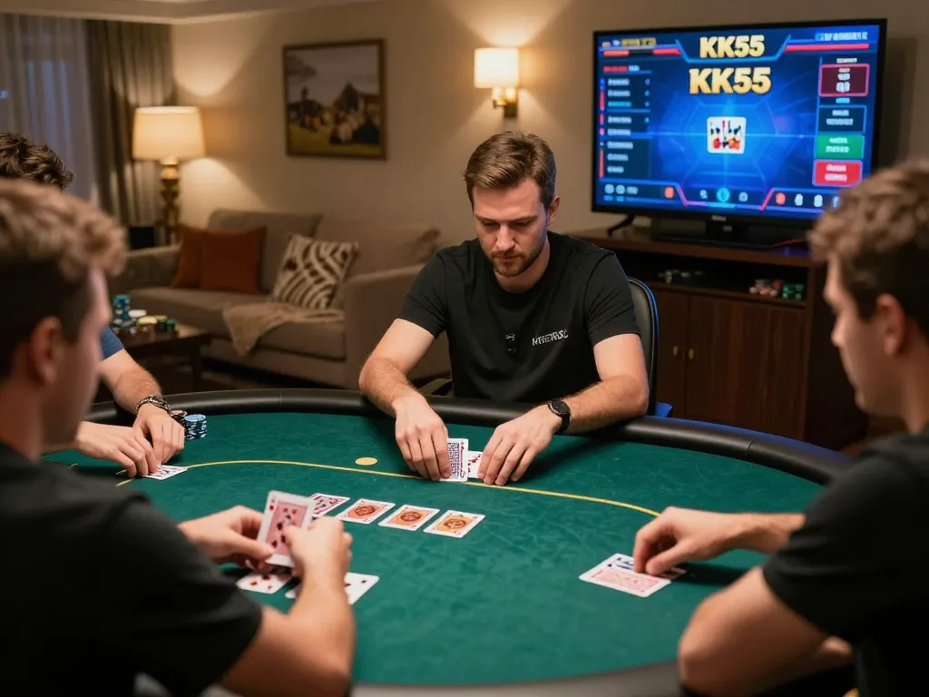 KK55 players strategizing at a live poker table, creating an engaging online gaming experience.