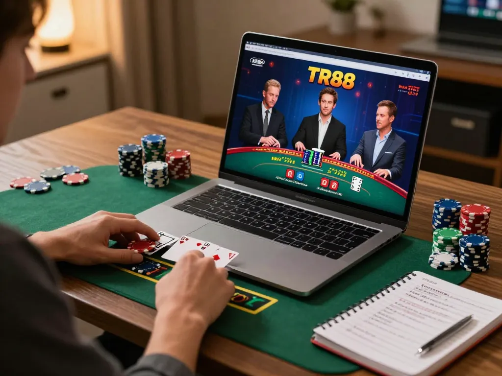 Engaging in strategic gameplay at TR88 online casino setup with dynamic live dealer blackjack.