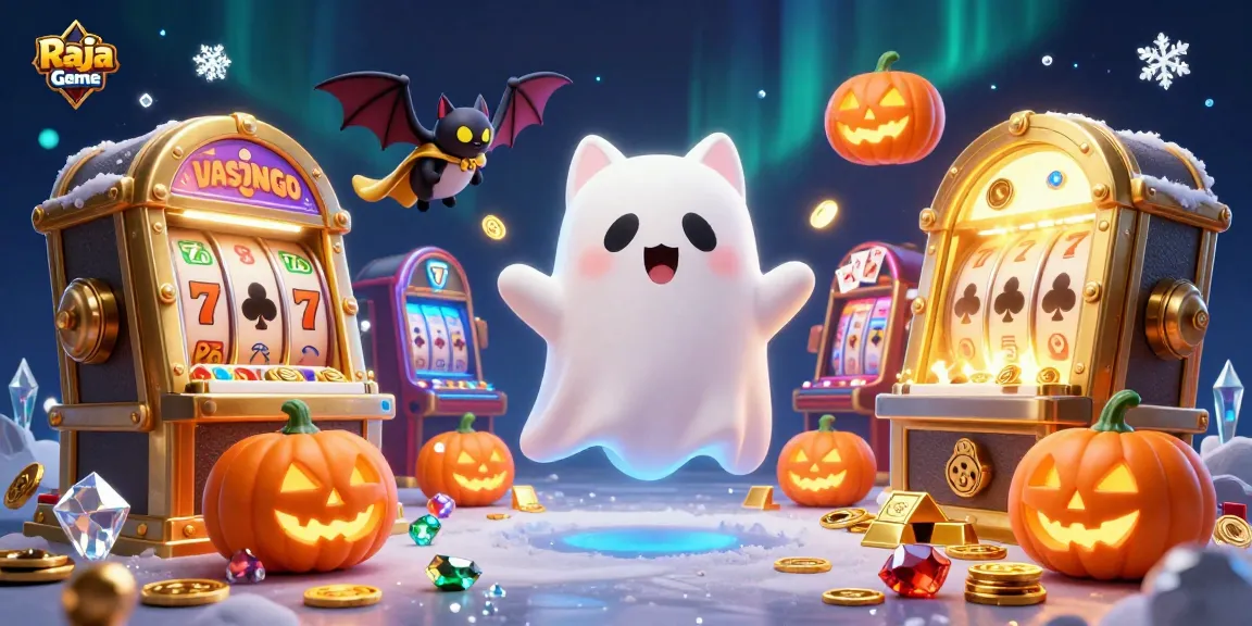 Raja Game showcases a playful illustration featuring a ghost cat and vampire bat amidst colorful casino elements, highlighting vibrant gaming action.