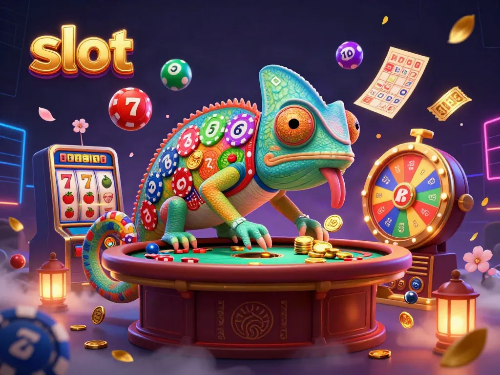 Engaging slot scene with a chameleon casino owner amidst vibrant reels and winning symbols.