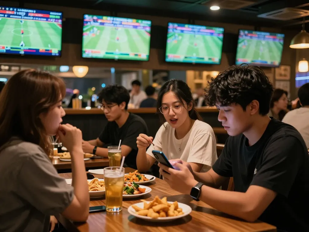 Patron placing a bet on keo nha cai while watching a live match in a lively sports bar.