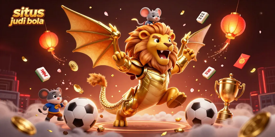 Engage in thrilling sports betting at situs judi bola with dynamic visuals and colorful elements including sports balls and celebrations.