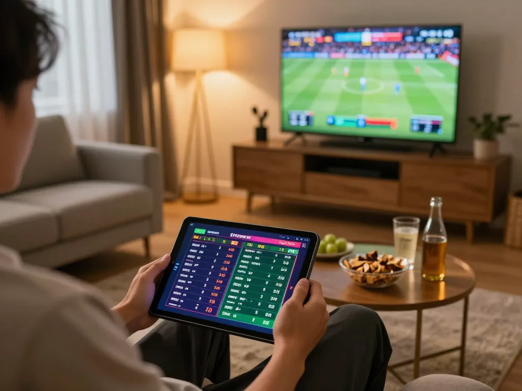 Engaging in sports betting on net88 with a tablet, showcasing live odds and home gaming setup.