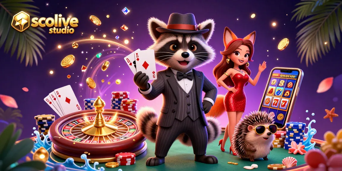Socolive studio captures the ultimate casino experience with a suave raccoon and charming fox in a vibrant 3D illustration while playing cards.