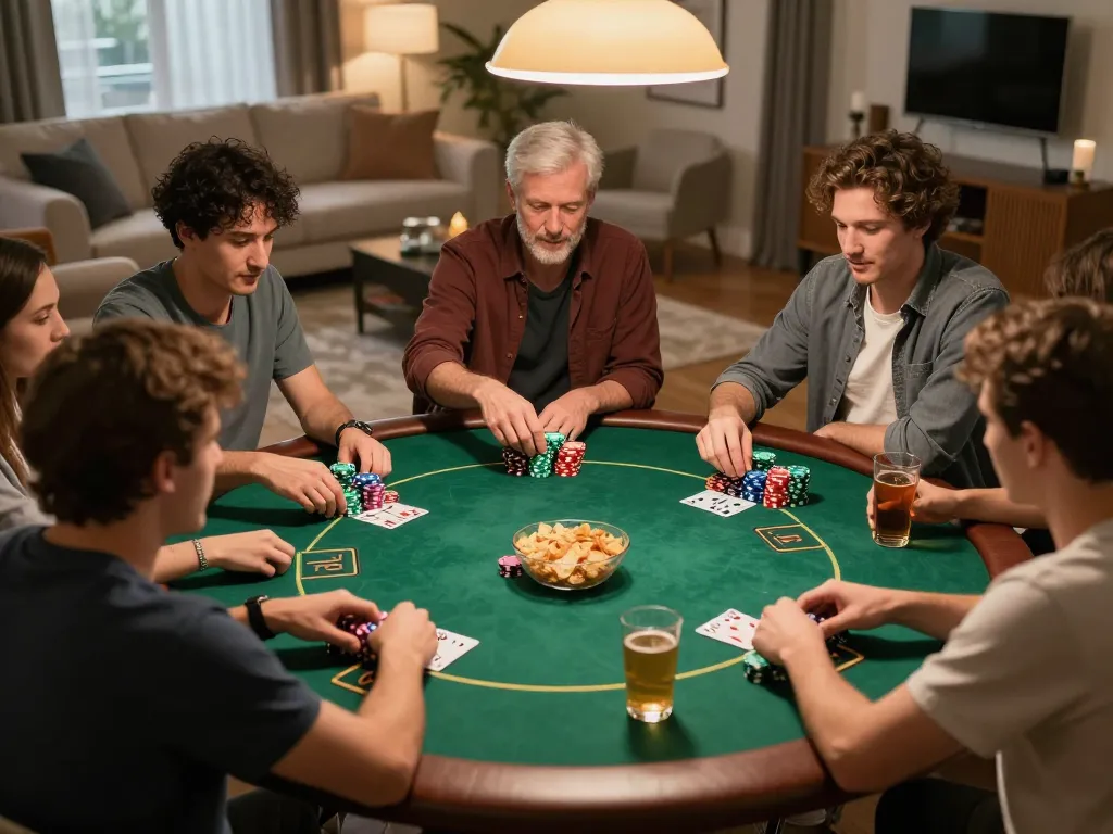 Engaged players enjoy ดูหนังออนไลน์ฟรี while playing poker with colorful chips and friendly competition