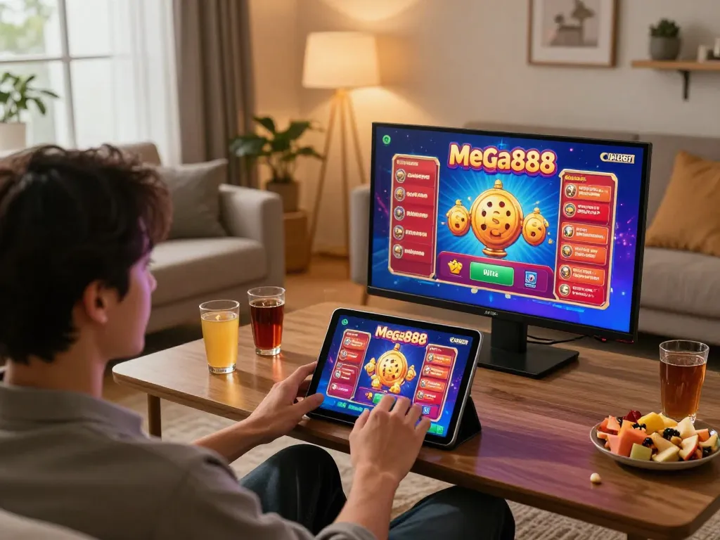 Enjoying free credit mega888 while playing online slots at home in a cozy living room.