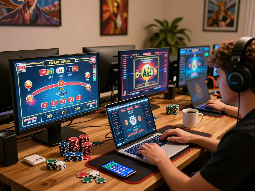 Engaging in ดูหนังออนไลน์ฟรี while using an online casino app on a cozy gaming setup.