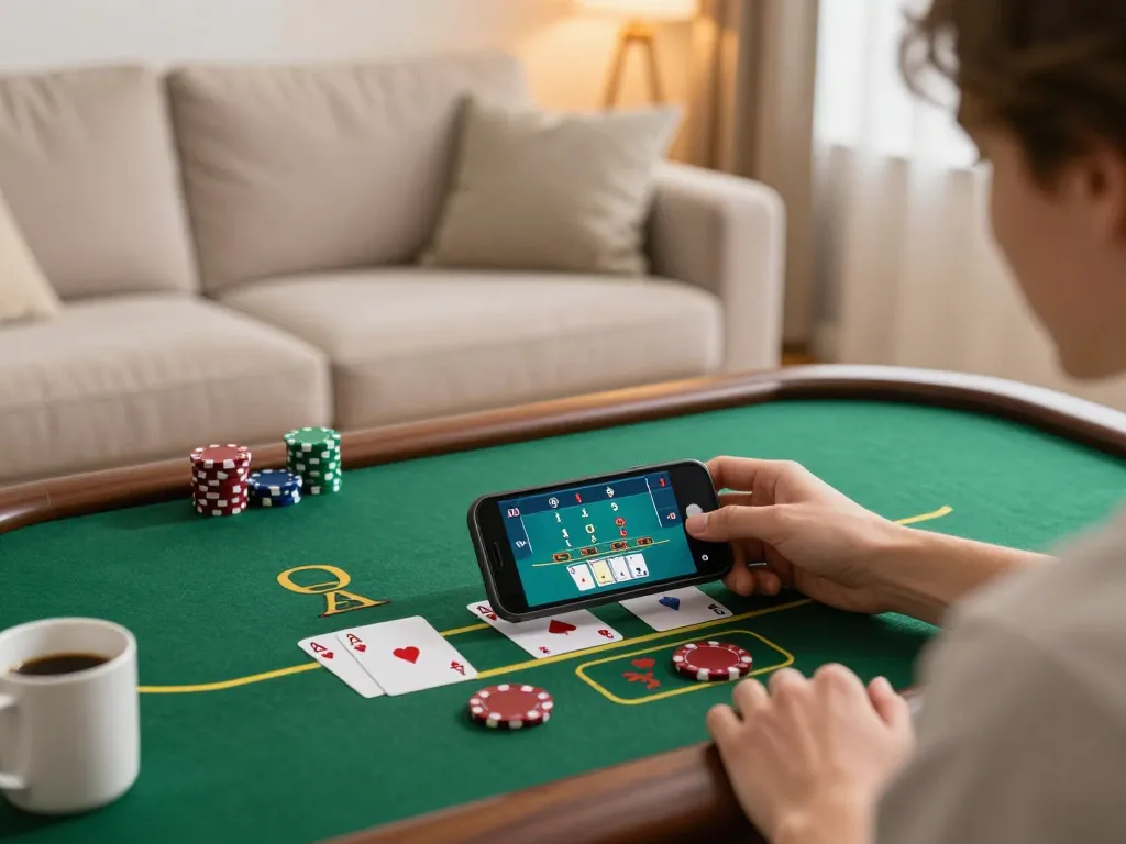 Player engaging with okfun's live dealer blackjack on smartphone, showcasing immersive online casino experience.