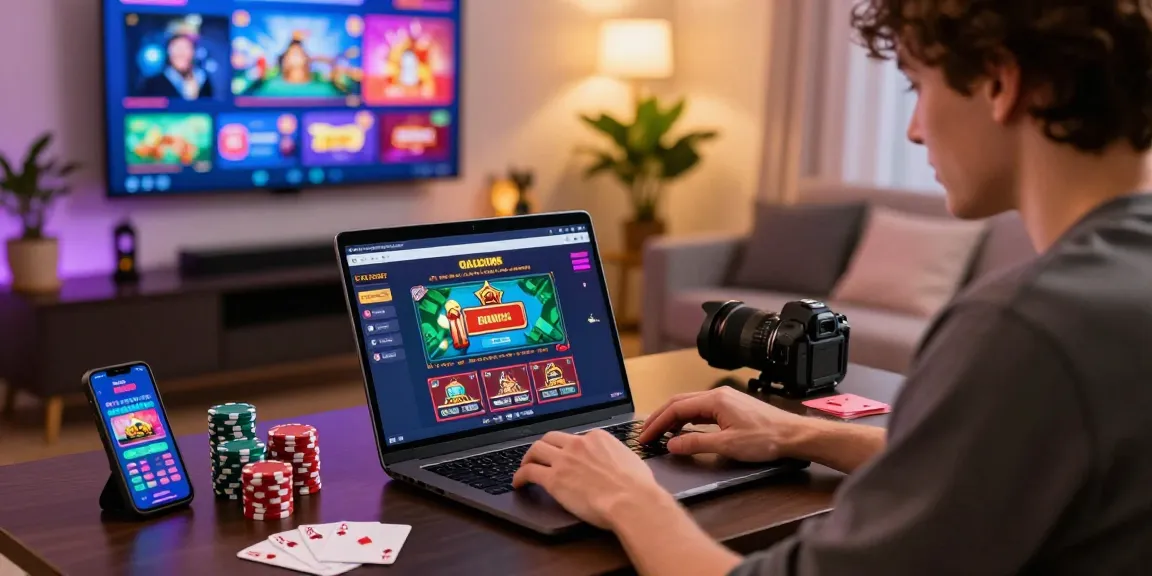 Engaged player enjoying online casinos that accept credit cards in a cozy gaming setup with vibrant visuals, poker chips, and a smartphone.