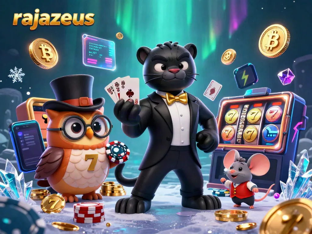 Bermain di rajazeus dengan karakter kartun dan simbol slot menyenangkan menampilkan suasana kasino yang meriah.