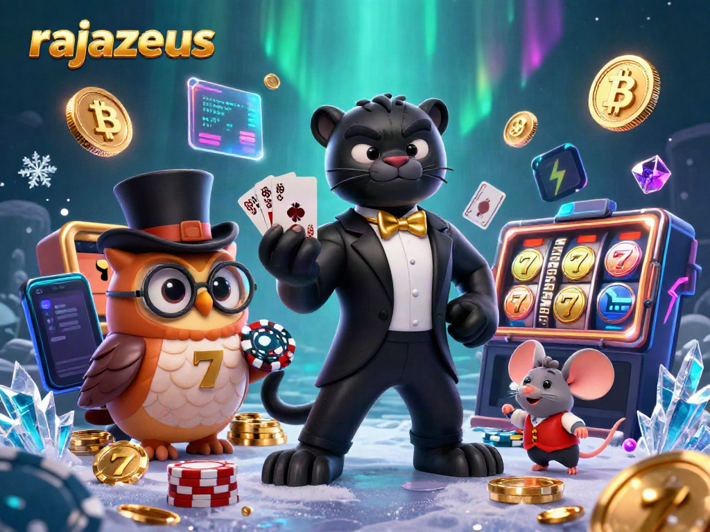 Bermain di rajazeus dengan karakter kartun dan simbol slot menyenangkan menampilkan suasana kasino yang meriah.