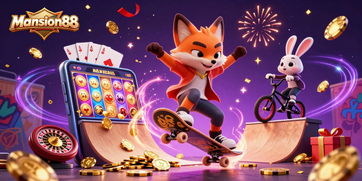 Mansion88's vibrant casino scene featuring a skateboarder fox and BMX rabbit celebrating wins