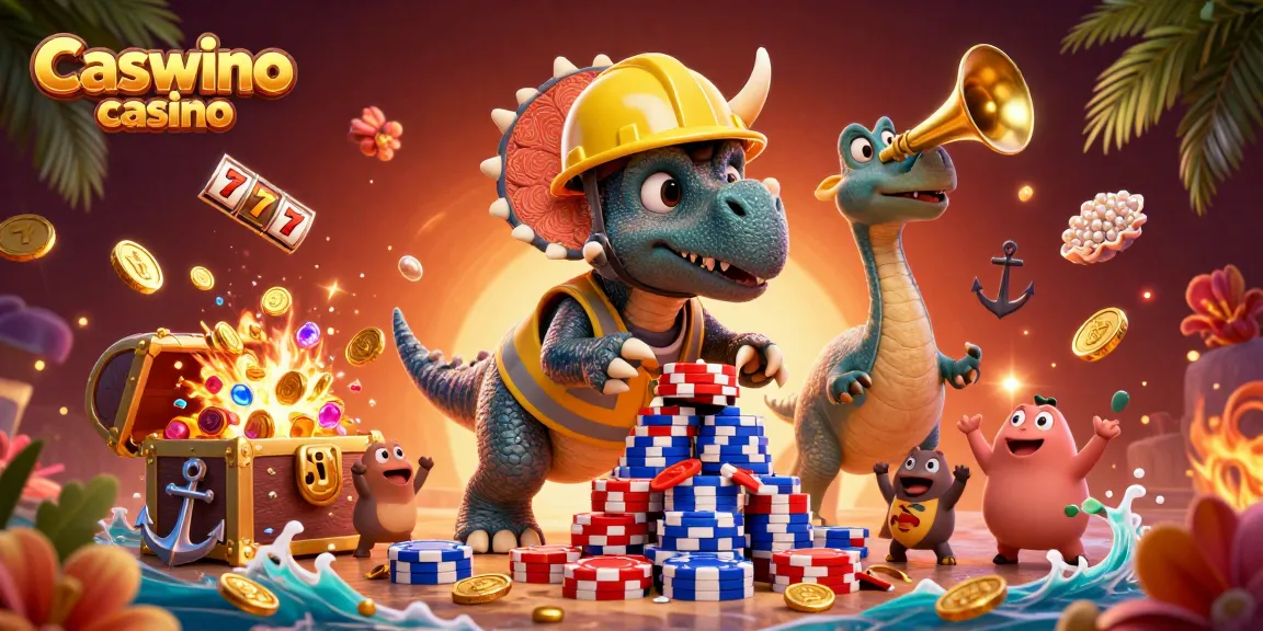 Experience the thrill of Caswino casino with animated triceratops building poker chips among slot reels.