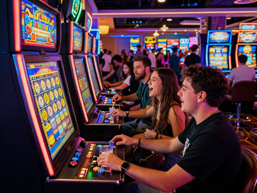 Engaged group enjoying the thrilling toto slot game in a lively casino atmosphere.