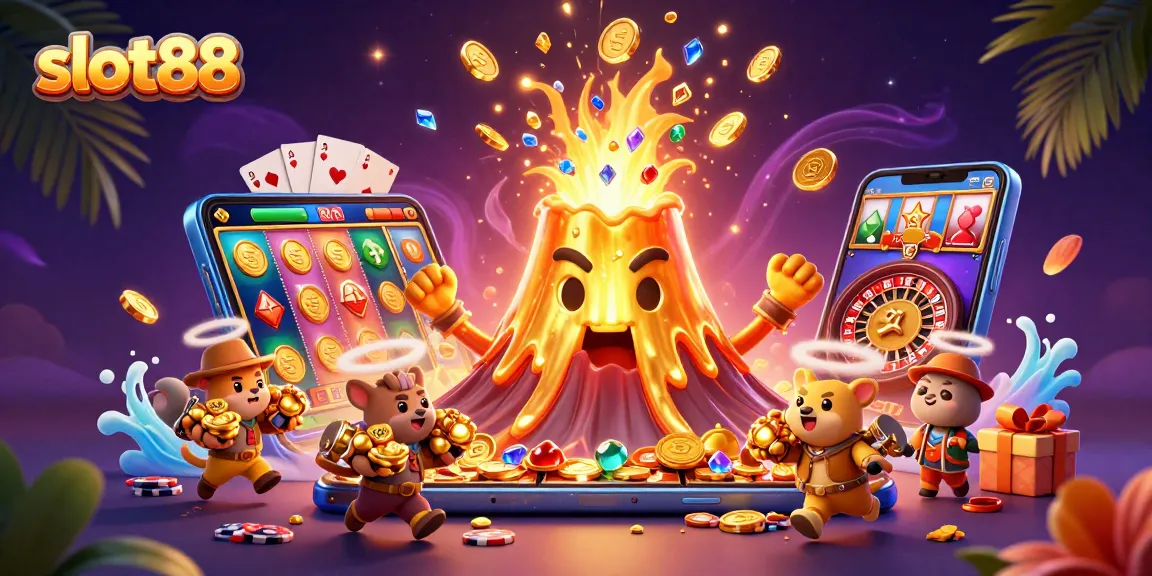 Explore thrilling slot88 game adventures featuring a triumphant volcano and gems in a 3D illustration.