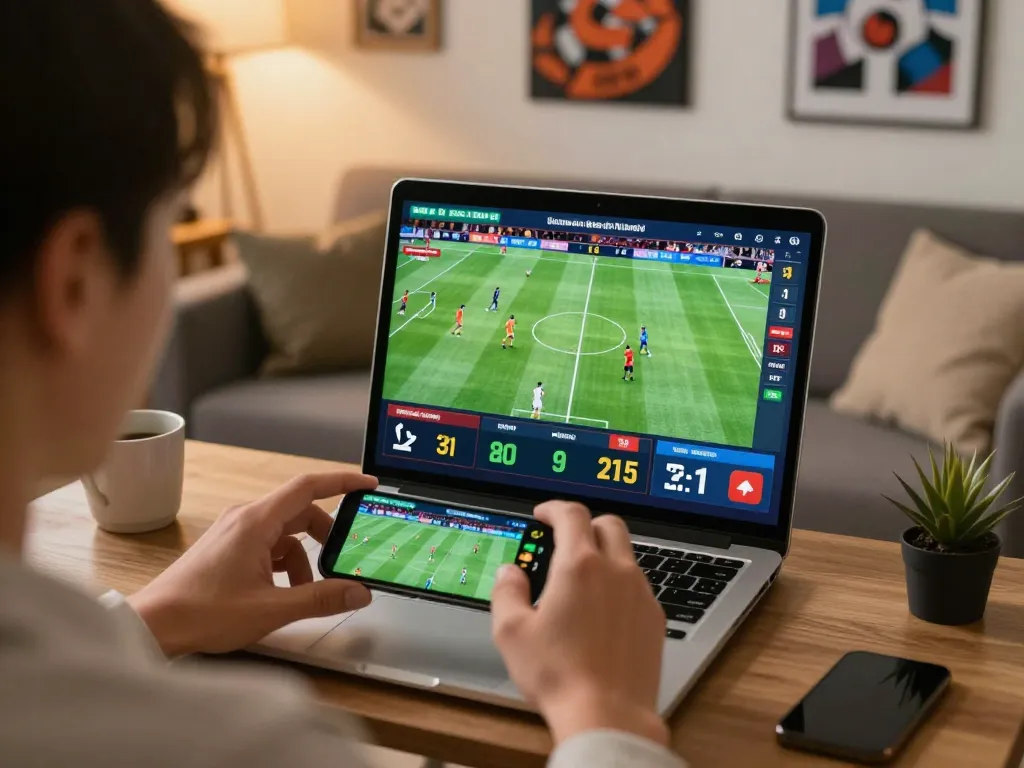 BL555 user engaging in live sports betting on a smartphone, showcasing dynamic odds and a vibrant sports atmosphere