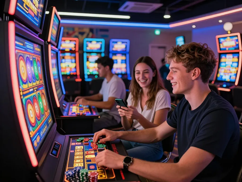 Suasana permainan slot gacor yang menarik dengan beragam pemain menikmati mesin digital di lounge yang semarak.