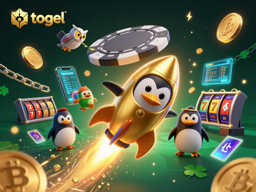 Engage with togel online in this vibrant 3D illustration featuring a golden penguin and casino elements.
