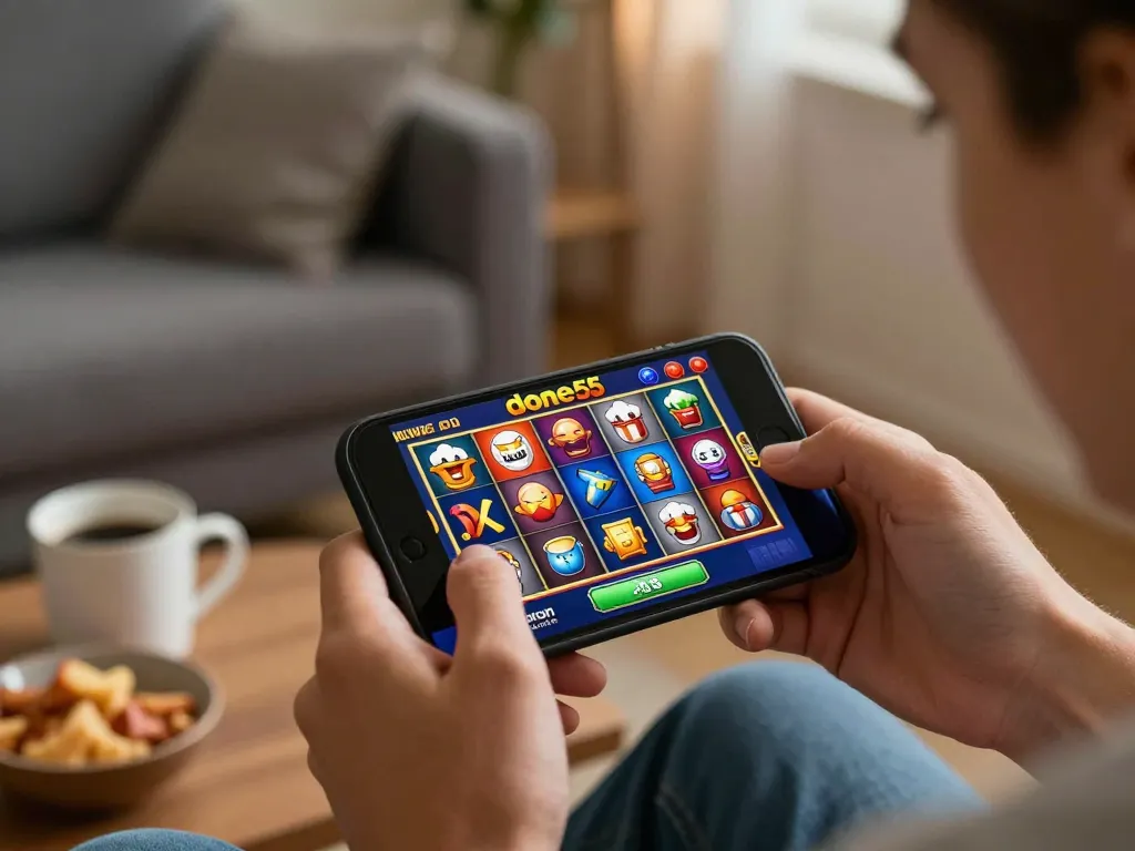 Player enjoying the done55 casino app while engaging in a thrilling slot game on their smartphone