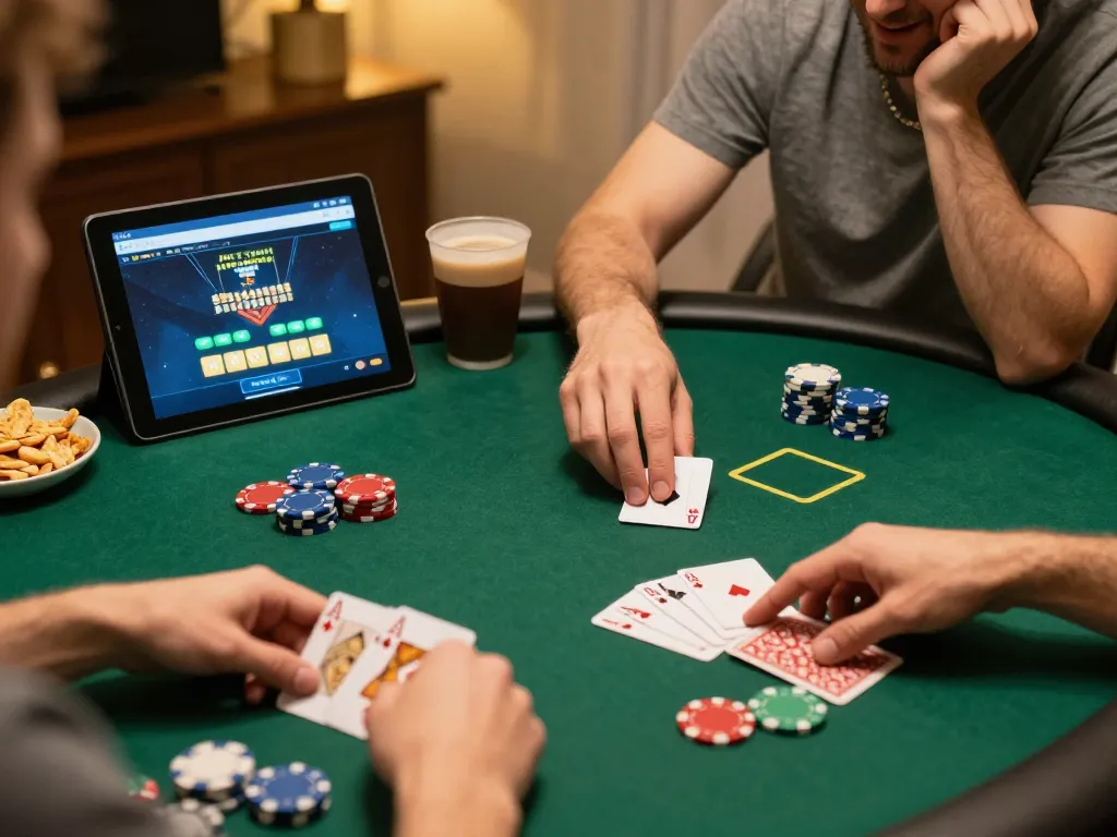 23vn23 player strategizing poker at home with chips and online interface.