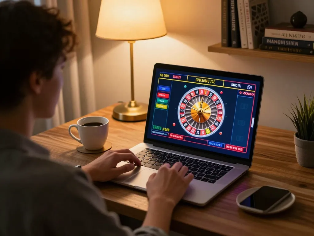 Experience strategic betting with taisunwin in a comfortable home office atmosphere during online roulette.