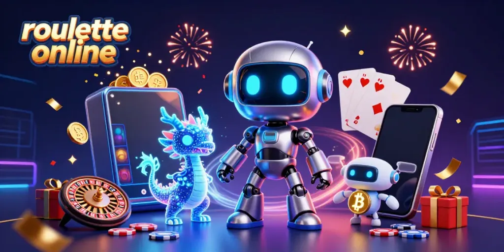 Experience thrilling roullete online action with a vibrant cyberpunk illustration featuring a robot mascot and gaming elements.