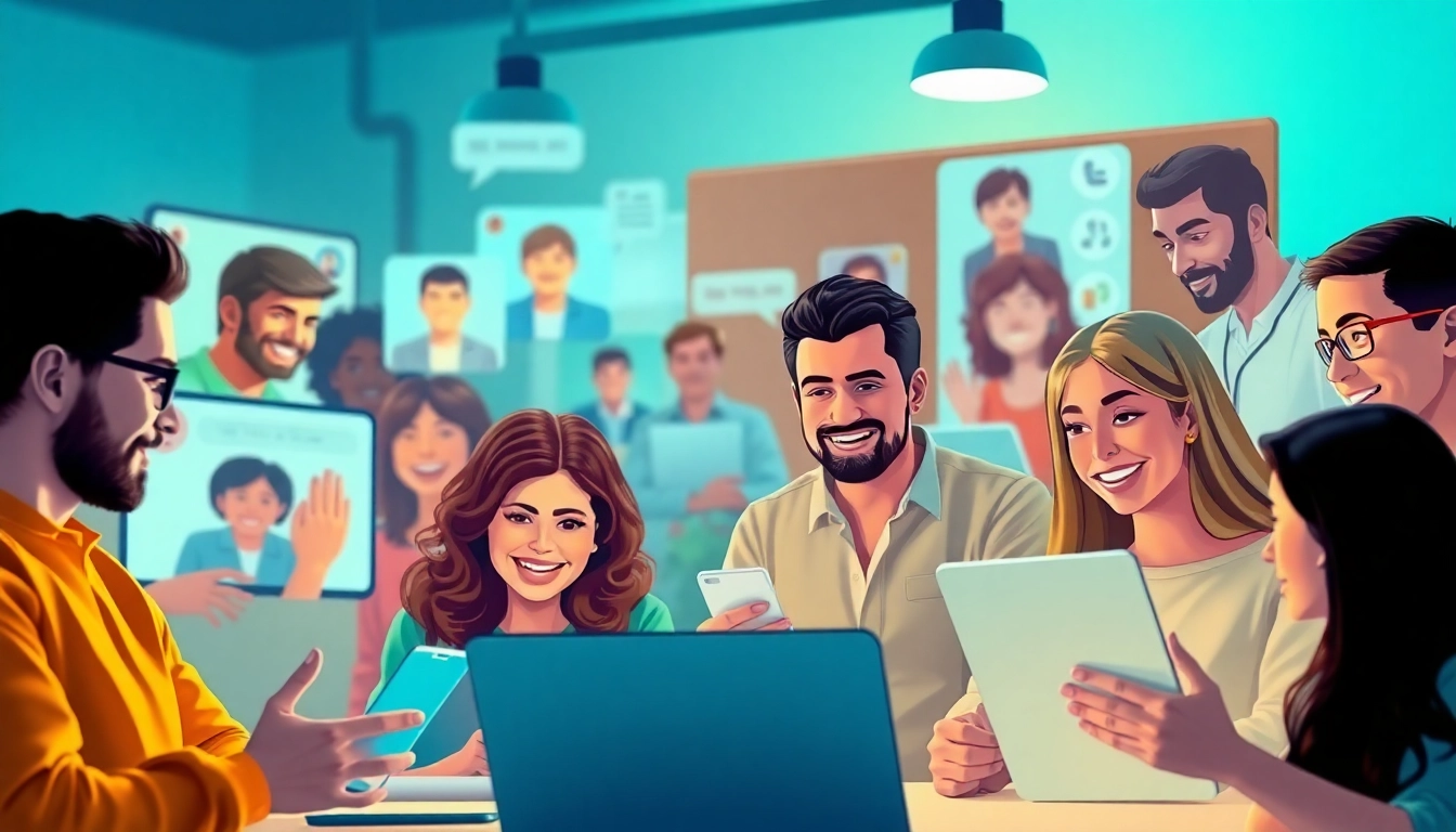مشهد تفاعل لشات عربي مع أشخاص متنوعين يتواصلون عبر أجهزة رقمية في جو دافئ ومرحب.