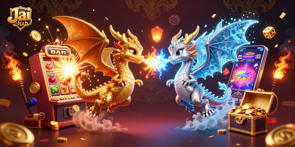 Engage with Jai club's thrilling games showcased in a vibrant dragon-themed 3D scene.