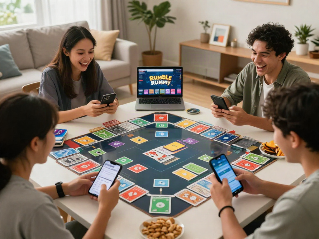 Engaged players enjoying Rumble Rummy on mobile devices in a lively setting.