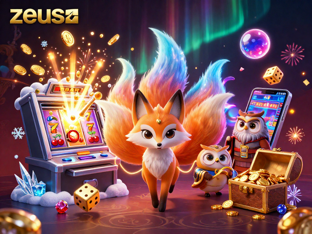 Experience zeus-themed slots with vibrant characters and explosive jackpots in a dazzling 3D casino scene.
