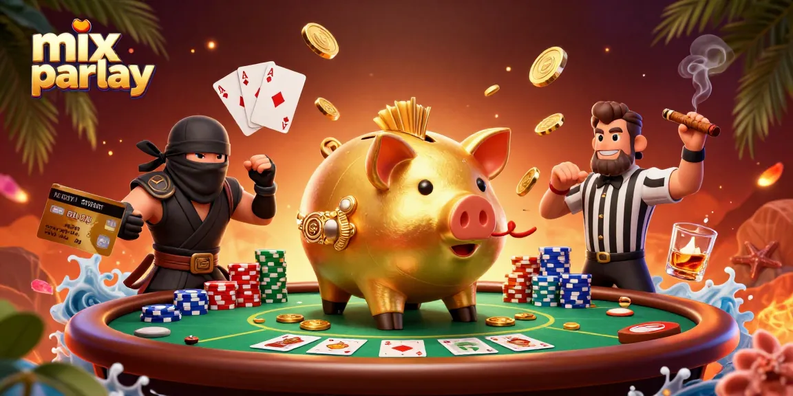 Explore a mix parlay scene with a golden piggy bank sumo wrestler and vibrant poker elements.