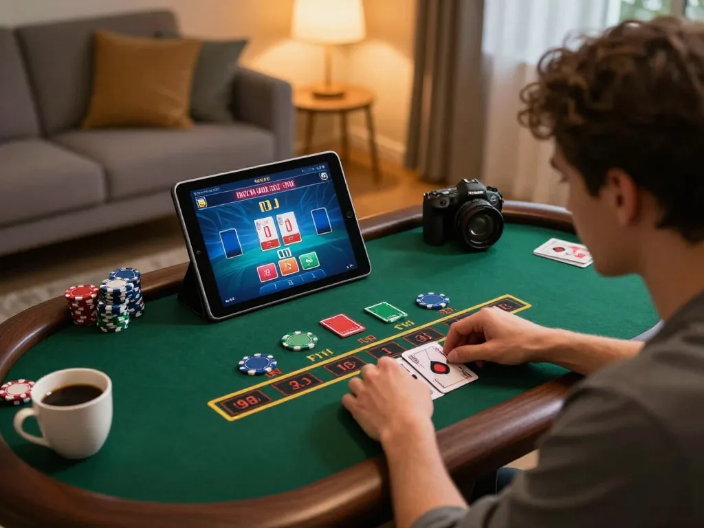 tr88 player engaged in live dealer blackjack on a tablet in a cozy living room