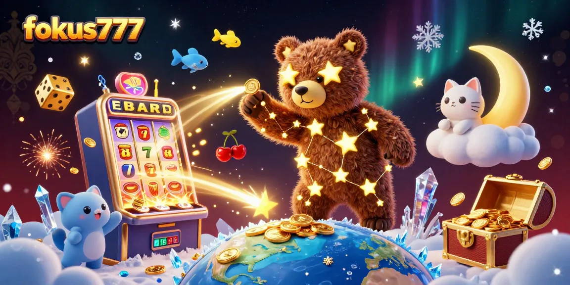 Engage with fokus777, featuring a stellar bear and jackpot explosion amid vibrant casino elements.